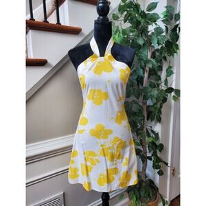 Koandaily Yellow White Floral Cotton Halter Neck Sleeveless Knee Length Dress L